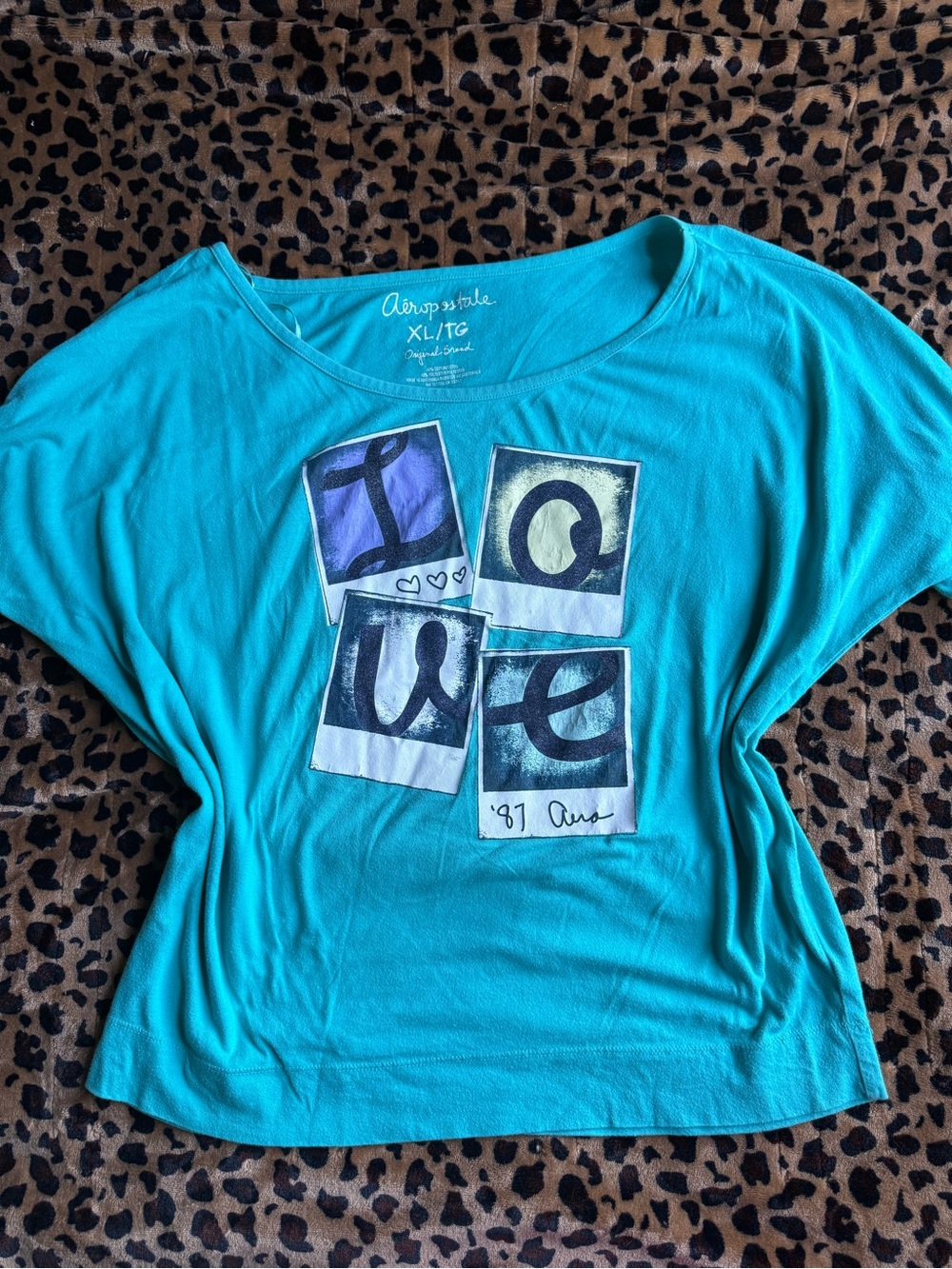 Aeropostale Turquoise Short Sleeve 'Love' Graphic Scoop Top